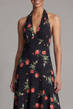 Halter Neck Chiffon Sheath Black Red Flower Printed Long Floral Dress