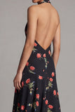 Halter Neck Chiffon Sheath Black Red Flower Printed Long Floral Dress