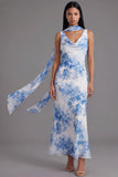 White Blue Flower V-Neck Sheath Long Chiffon Dress with Neck Scarf