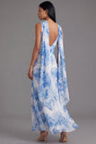 White Blue Flower V-Neck Sheath Long Chiffon Dress with Neck Scarf