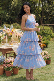 Chiffon Blue Pink Flower Halter Neck Tiered A-Line Floral Dress with Bow