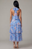 Chiffon Blue Pink Flower Halter Neck Tiered A-Line Floral Dress with Bow