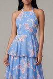 Chiffon Blue Pink Flower Halter Neck Tiered A-Line Floral Dress with Bow