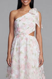 One Shoulder White Pink Flower Chiffon Cut Out A-Line Floral Dress with Bow