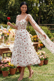 Ivory Red Flower Sheer Corset A-Line Midi Floral Dress