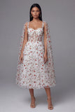 Ivory Red Flower Sheer Corset A-Line Midi Floral Dress