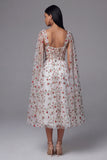 Ivory Red Flower Sheer Corset A-Line Midi Floral Dress