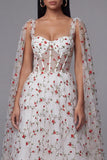 Ivory Red Flower Sheer Corset A-Line Midi Floral Dress