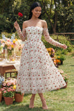 Ivory Red Flower A-Line Strapless Midi Floral Dress with Sheer Sleeves