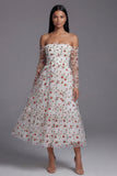 Ivory Red Flower A-Line Strapless Midi Floral Dress with Sheer Sleeves