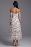 Ivory Red Flower A-Line Strapless Midi Floral Dress with Sheer Sleeves