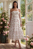 Ivory Red Flower A-Line Strapless Midi Floral Dress with Sheer Sleeves