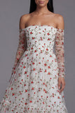 Ivory Red Flower A-Line Strapless Midi Floral Dress with Sheer Sleeves