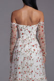 Ivory Red Flower A-Line Strapless Midi Floral Dress with Sheer Sleeves