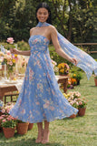 Sheath Strapless Chiffon Blue Printed Midi Floral Dress with Neck Scarf