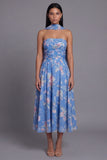 Sheath Strapless Chiffon Blue Printed Midi Floral Dress with Neck Scarf