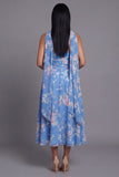 Sheath Strapless Chiffon Blue Printed Midi Floral Dress with Neck Scarf