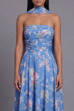 Sheath Strapless Chiffon Blue Printed Midi Floral Dress with Neck Scarf