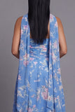 Sheath Strapless Chiffon Blue Printed Midi Floral Dress with Neck Scarf