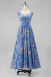 Square Neck Sheath Chiffon Blue Ruched Printed Midi Floral Dress