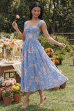 Square Neck Sheath Chiffon Blue Ruched Printed Midi Floral Dress