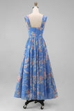 Square Neck Sheath Chiffon Blue Ruched Printed Midi Floral Dress