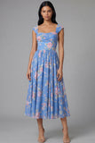 Square Neck Sheath Chiffon Blue Ruched Printed Midi Floral Dress