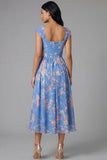 Square Neck Sheath Chiffon Blue Ruched Printed Midi Floral Dress