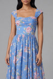 Square Neck Sheath Chiffon Blue Ruched Printed Midi Floral Dress