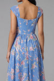 Square Neck Sheath Chiffon Blue Ruched Printed Midi Floral Dress