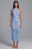 Blue Lace Halter Neck Sheath Long Floral with Slit