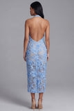 Blue Lace Halter Neck Sheath Long Floral with Slit