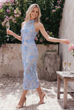 Blue Lace Halter Neck Sheath Long Floral with Slit