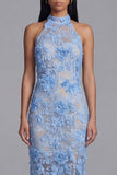 Blue Lace Halter Neck Sheath Long Floral with Slit