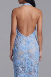 Blue Lace Halter Neck Sheath Long Floral with Slit