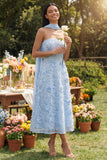 Blue Strapless A-Line Appliqued Midi Floral Dress with Neck Scarf