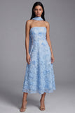 Blue Strapless A-Line Appliqued Midi Floral Dress with Neck Scarf