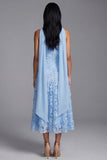 Blue Strapless A-Line Appliqued Midi Floral Dress with Neck Scarf