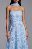 Blue Strapless A-Line Appliqued Midi Floral Dress with Neck Scarf
