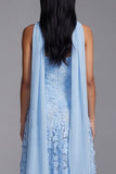 Blue Strapless A-Line Appliqued Midi Floral Dress with Neck Scarf