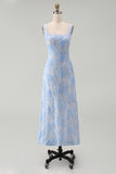 Blue Square Neck Floral Sheath Midi Dress with Appliques