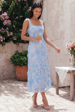 Blue Square Neck Floral Sheath Midi Dress with Appliques