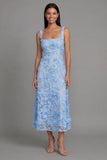Blue Square Neck Floral Sheath Midi Dress with Appliques