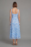 Blue Square Neck Floral Sheath Midi Dress with Appliques