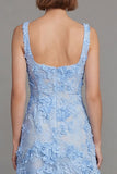 Blue Square Neck Floral Sheath Midi Dress with Appliques