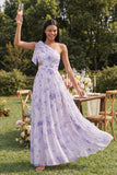 One Shoulder Lilac Printed A-Line Maxi Floral Dress with Slit