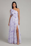 One Shoulder Lilac Printed A-Line Maxi Floral Dress with Slit