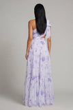 One Shoulder Lilac Printed A-Line Maxi Floral Dress with Slit