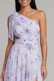 One Shoulder Lilac Printed A-Line Maxi Floral Dress with Slit