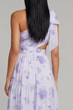 One Shoulder Lilac Printed A-Line Maxi Floral Dress with Slit